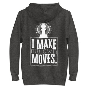 Display of the back of a dark-gray hoodie. Printed on the back of the hoodie, in white, are the words "I make my own moves". Above those words is the Nopaune logo (a chess pawn with a "not allowed sign" laid over it, surrounded by spokes/rays and broken infinity signs).