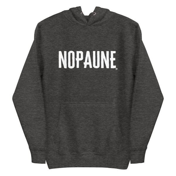 The front of a gray hoodie with the word "Nopaune" printed on the chest area in white.