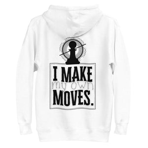 Display of the back of a white hoodie. Printed on the back of the hoodie, in black, are the words "I make my own moves". Above those words is the Nopaune logo (a chess pawn with a "not allowed sign" laid over it, surrounded by spokes/rays and broken infinity signs).