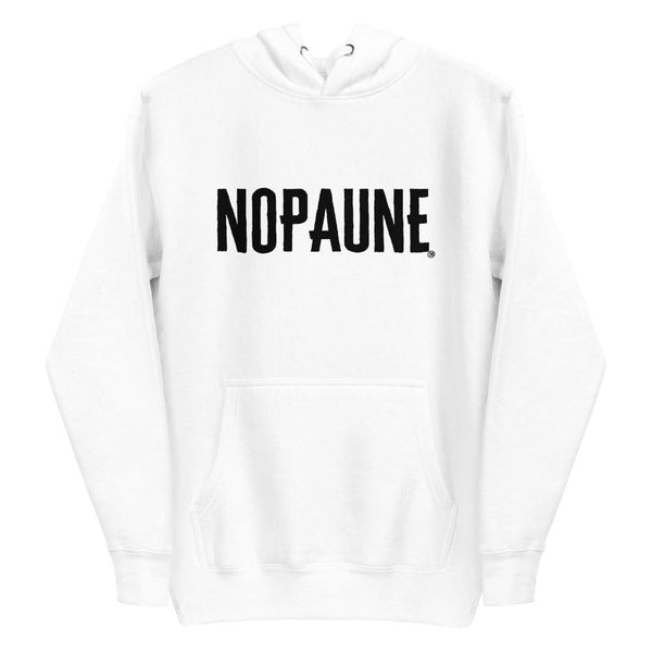 The front of a white hoodie. Printed on the chest area is the word "Nopaune" in black.